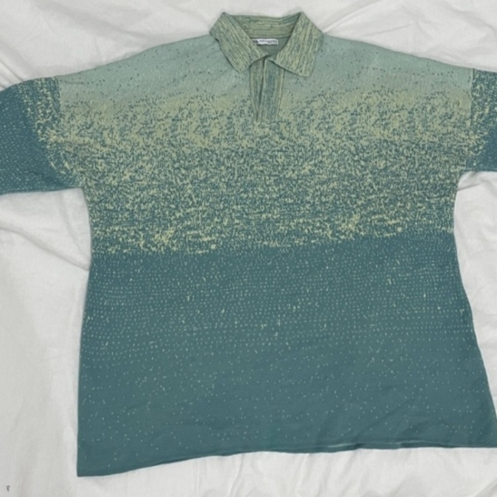 Zara Men’s Green/Sage Ombre Knit Collard Short Sleeve Polo Sweater - Picture 4 of 5